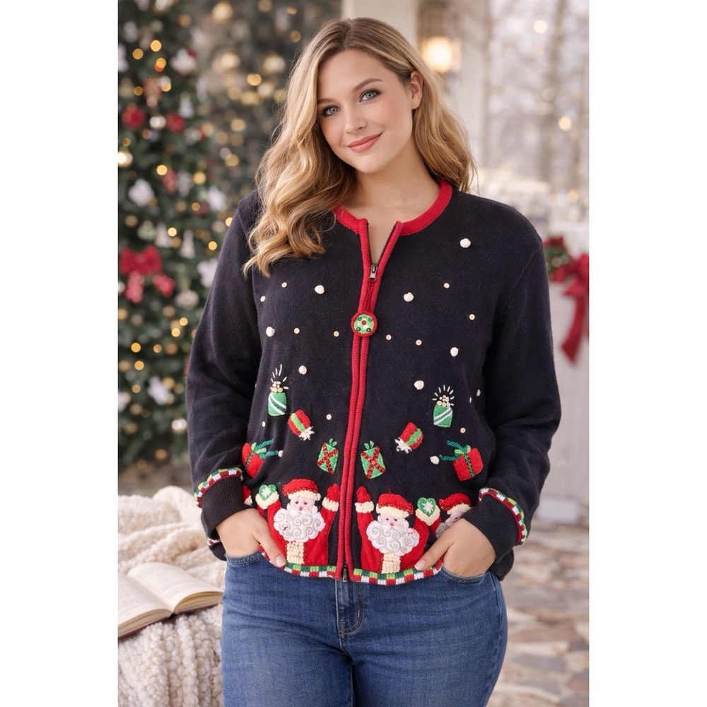 Tiara International Christmas Sweater XL‎ Santa Presents Zip Front Long Sleeve